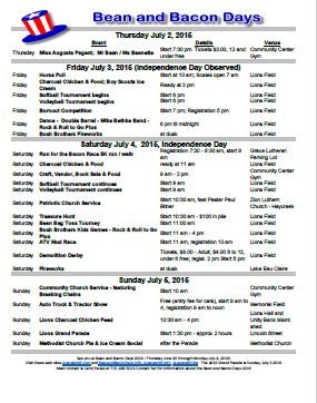 Bean and Bacon Days 2015 Printable Schedule